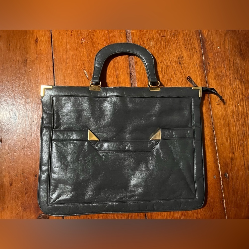Vintage gray women’s briefcase 2 compartments gold zipper hardware short handle